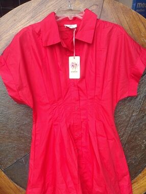 Bright Red Pleat Button-Front Shirt Dress